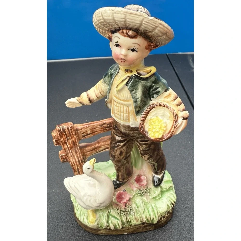 Vintage Porcelain Figurine Boy Feeding goose with basket Collectible Arrow Japan